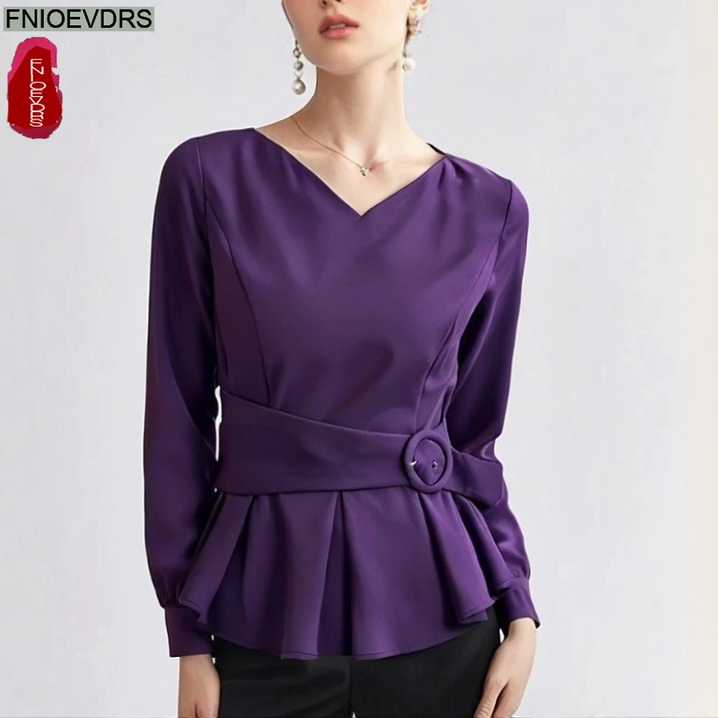 우아한 퍼플 탑 블라우스 새해 패션 여성 오피스룩 솔리드 긴팔 V넥 슬림 웨이스트 벨트 레이스업 베이직 셔츠