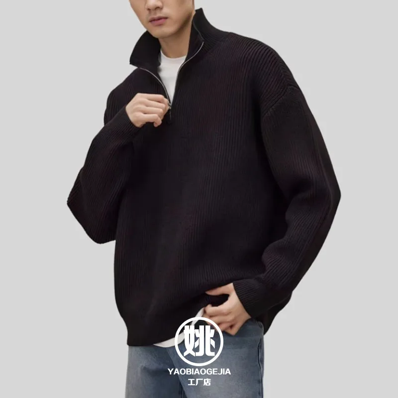 

Thiened f Zip Ne Sweater 600g Men's Autumn Winter American Retro High-End Knitted irt Straight Tube Casual Youth