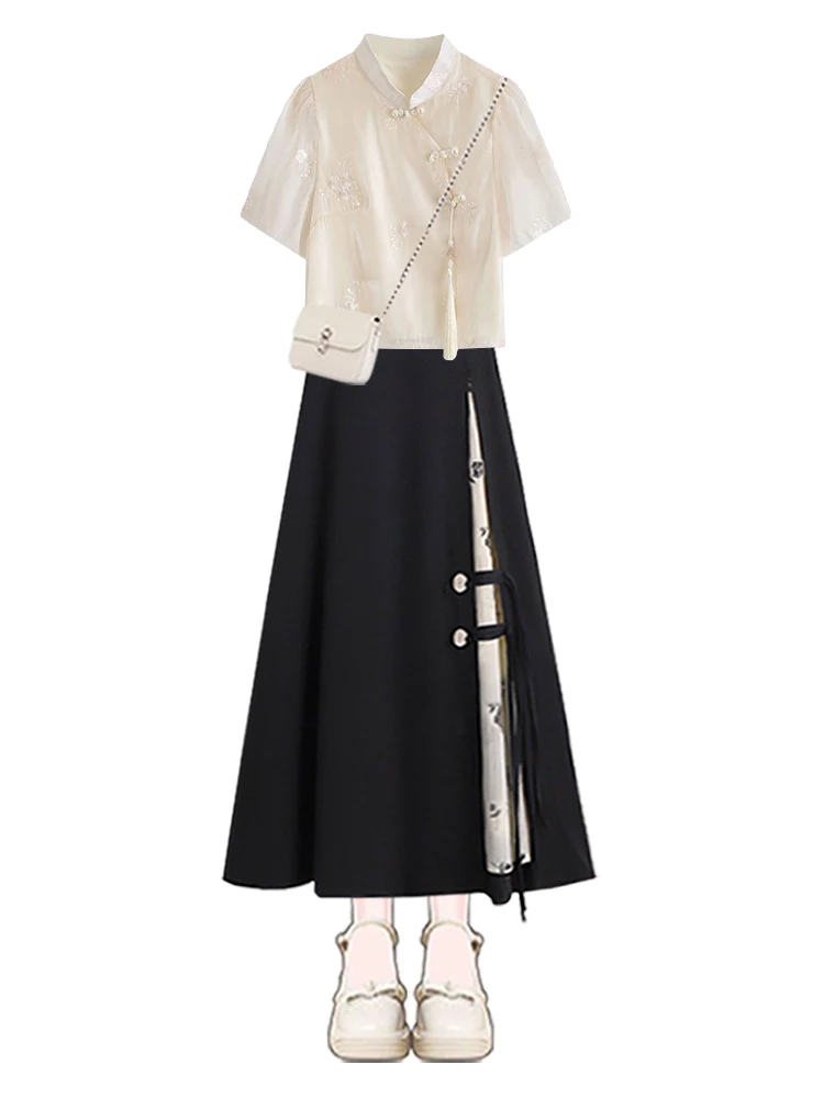 Elegant High-Waist  Shirt And Skirt Set Women's Summer Fashion Two-Piece Suit Short Sleeve Button-Up Stand Collar Top