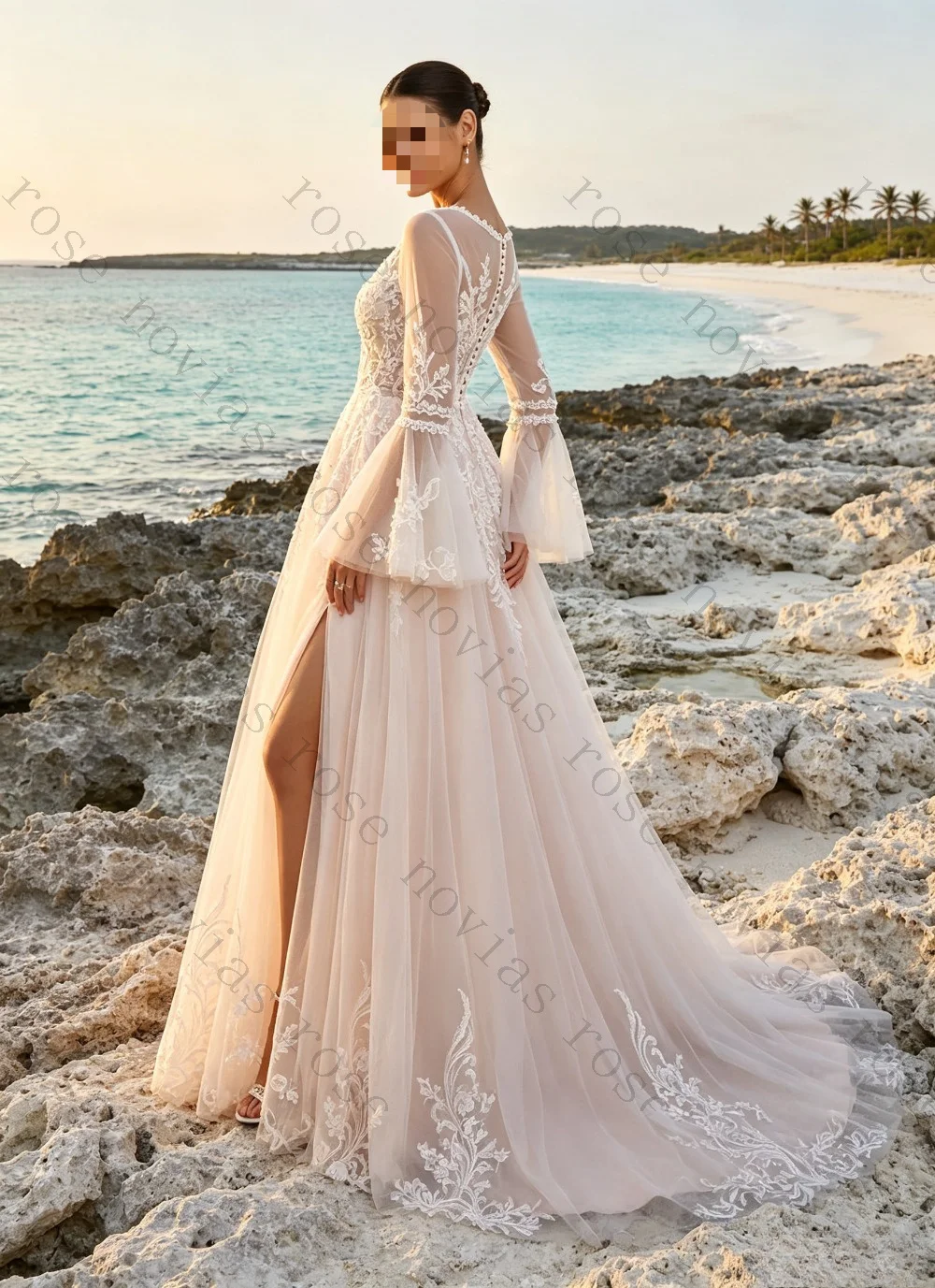 Customized Romantic Lace Long Sleeved V-neck A-line Wedding Dresses with High Seam Bell Shaped Sleeves and Sheer Bridal Gown