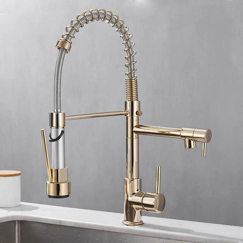 Brass kitchen sink faucet  360 degree rotating spring faucet  Single handle cold and hot mixed water tap