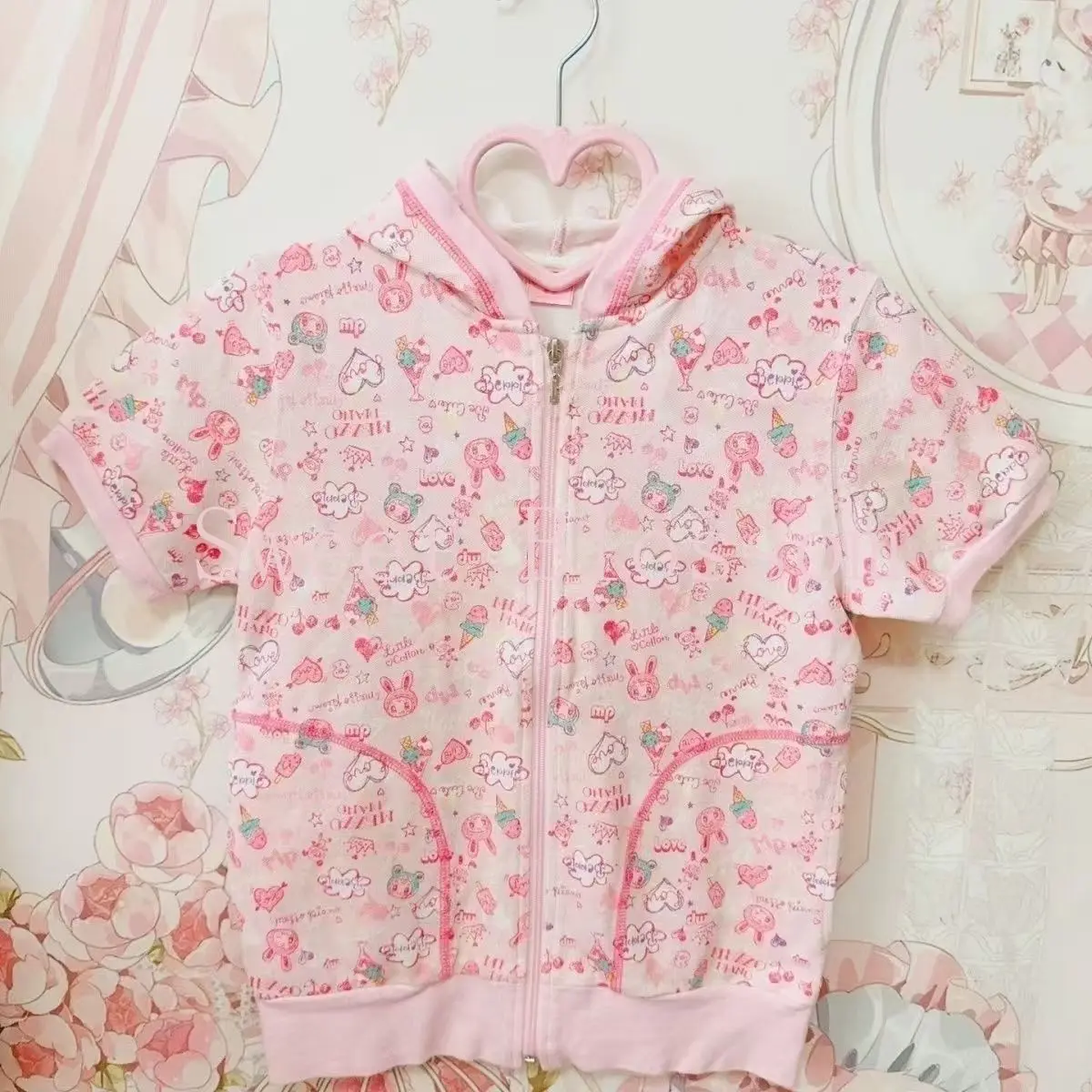 Japanese Sweet Lovely Chic Hooded Tops Women New Design Print Kawaii Short Sleeves Blouses Harajuku Y2K Slim Thin Pink Cardigan