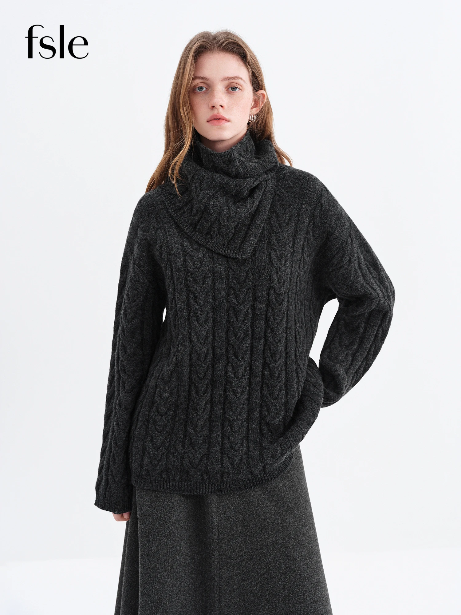 

FSLE тонкий свободный стильный шерстяной шарф, свитер с внутренним слоем для женщин, зима 2025, Новое поступление, универсальный трикотаж, серый Ins