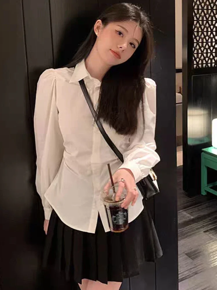 White Shirts Women Slim Puff Sleeve Office Lady Elegant Korean Style Ins Sexy College Casual Chic Fashion Spring Camisas Mujer