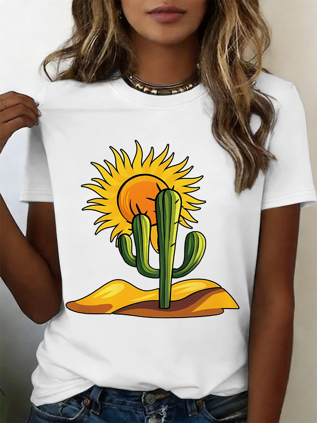 Women Crew Neck Tee Desert Cactus Sun Cartoon Graphic Print Short Sleeve Loose Ladies Summer Cotton Plus Size Casual Top