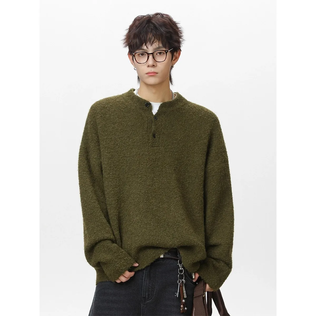 

Men Cashmere Sweater Mock Collar Pullover with Button Autumn Winter Thicken Knitwear Casual Skin Kindly Clothing
