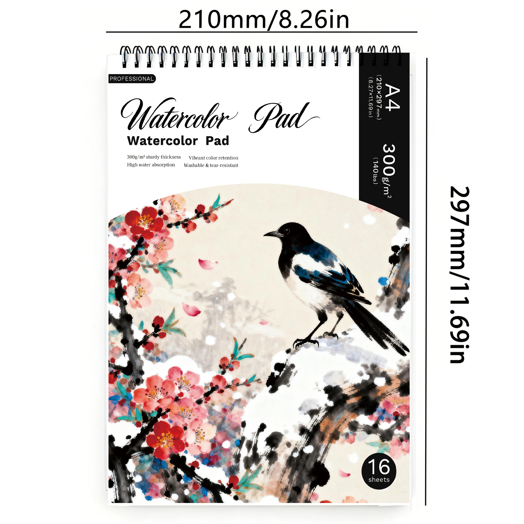 A4  Spiral Watercolor Pad300gsm, Magpie on Plum Blossom in Snow Cover, 16 Sheets Acid-Free Art Sketchbook for Back to Schoo