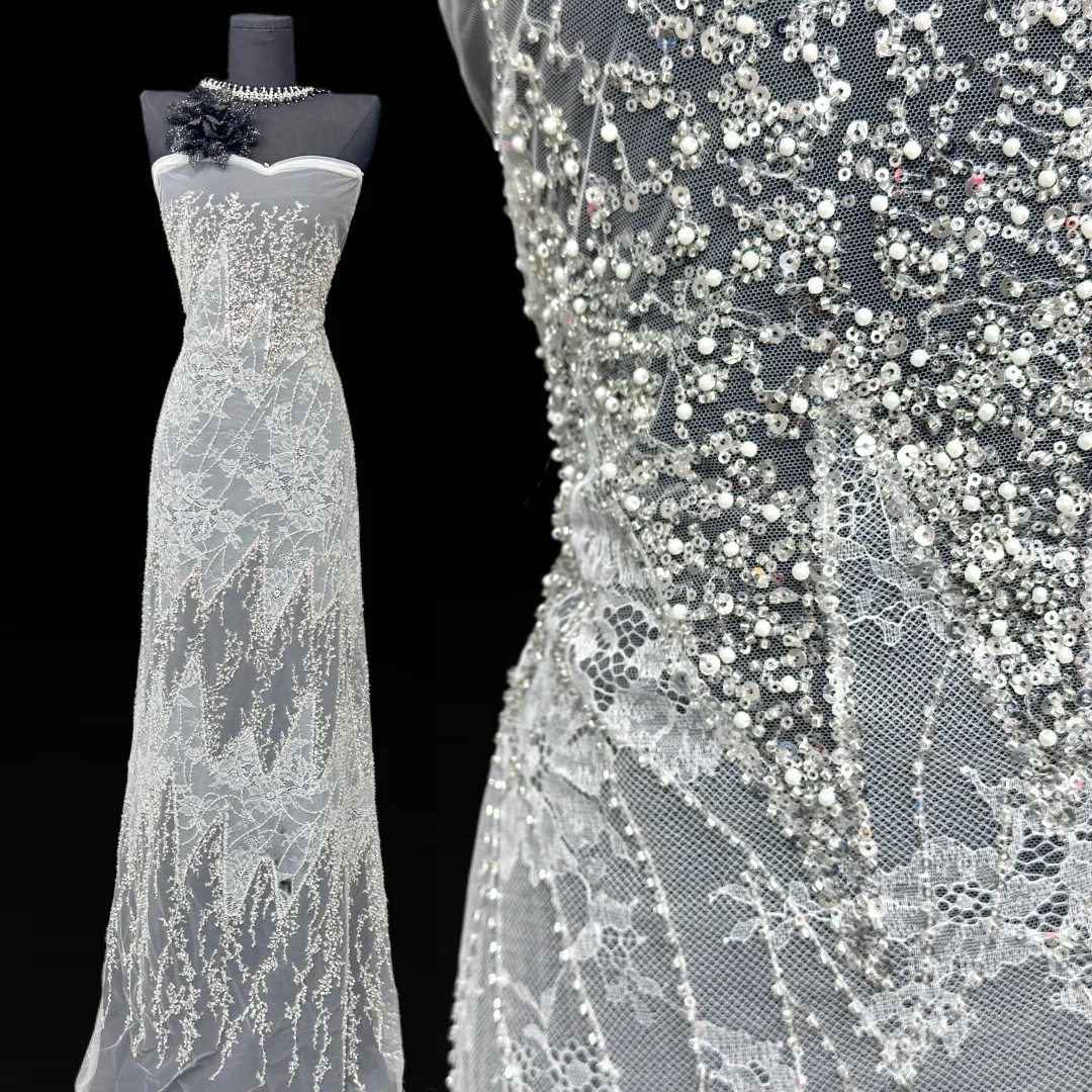 Luxurious African Sequins Lace Fabric Heavy Beads Nigerian Embroidery French Tulle High Quality for Wedding Dress AT2884