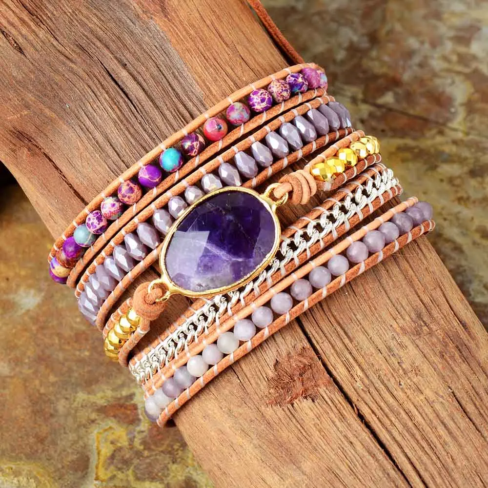 Damen-Wickelarmbänder aus Leder mit Japsers-Steinperlen, 5-lagig, Statement-Strang-Kettenarmband, böhmischer Schmuck im Großhandel