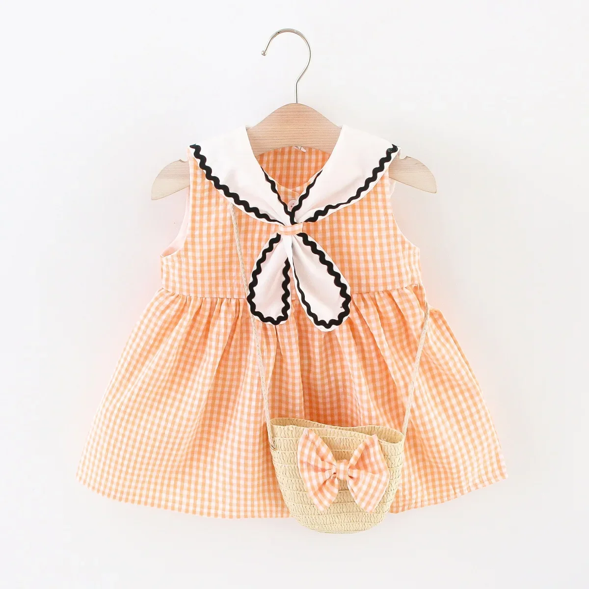 Summer Girl Cotton Plaid Dress Fashion Bow Dress Casual Cute Thin Kids Clothing with Free Gift Straw Small Bag