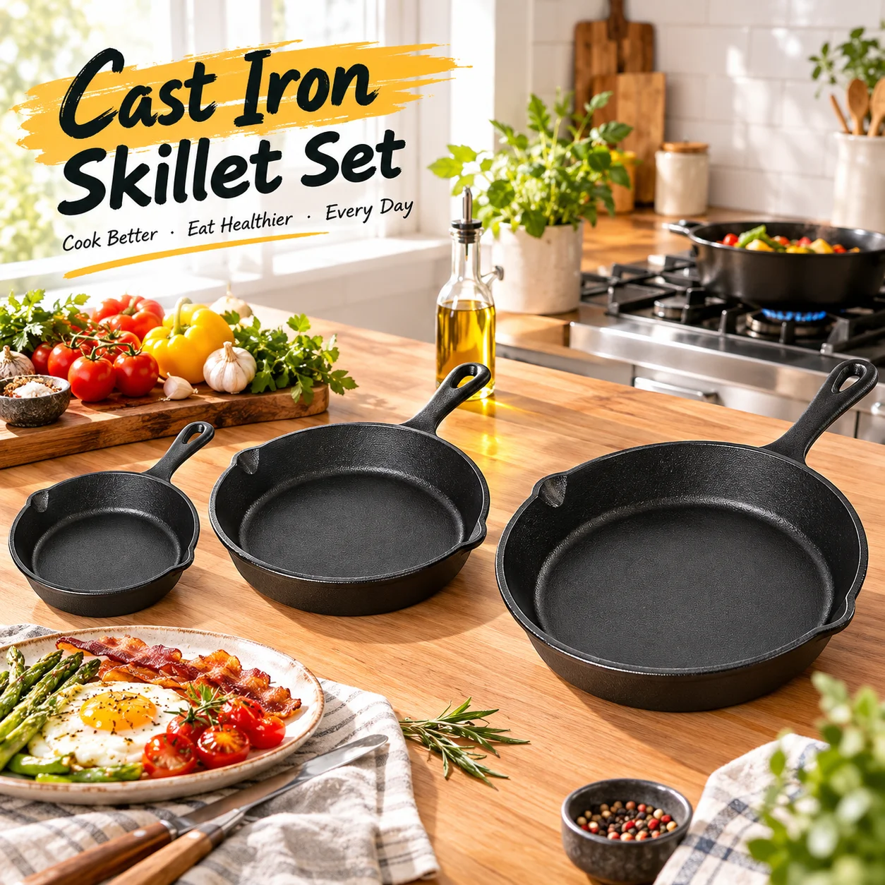 3-Piece Pre-Seasoned Cast Iron Skillet Set With Dual Pour Spouts And Assist Handles