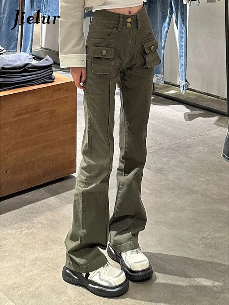 Jielur-Pantalon en denim décontracté Harajuku pour femme, jean cargo slim, taille haute, vert armée, vêtements de travail de rue, mode féminine