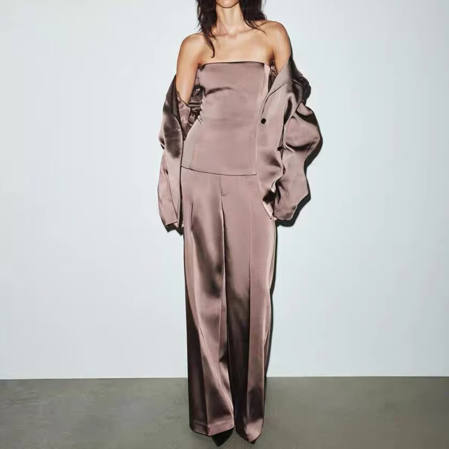 Z Set Faion da donna Autunno 2025 Long Sve Casual Sle Pantaloni a vita alta Colore Tee Piece Suit Coat Top Bot