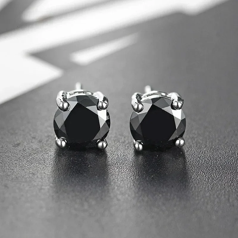 Classic 925 Sterling Silver Stud Earrings 7MM Black Color Round Zircon Earring for Women Fashion Simple Ear Jewelry