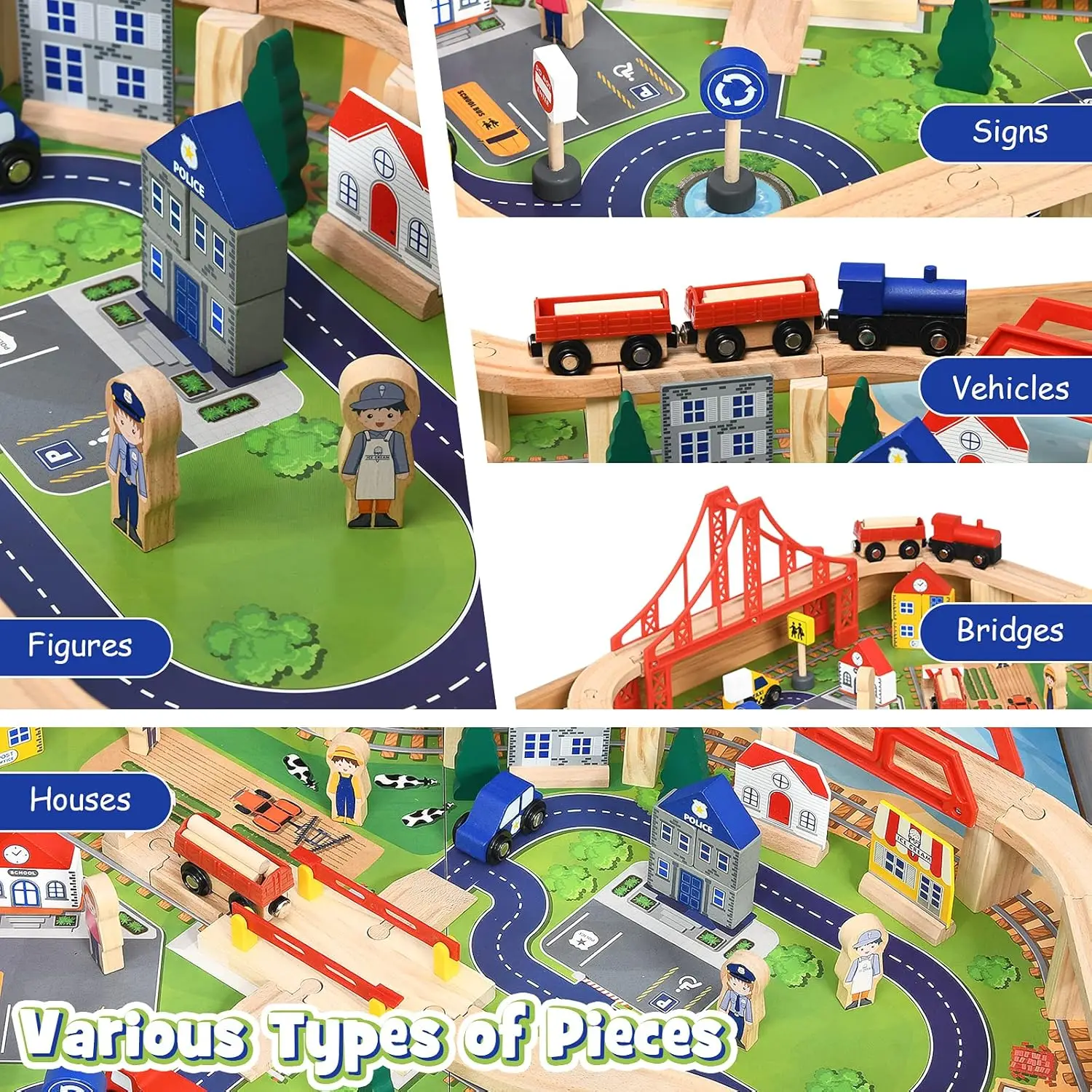 100개의 다채로운 조각이 포함된 기차 테이블, 대형 롤링 수납 서랍이 있는 나무 어린이 활동 테이블, 트랙, 자동차, DIY 디자인