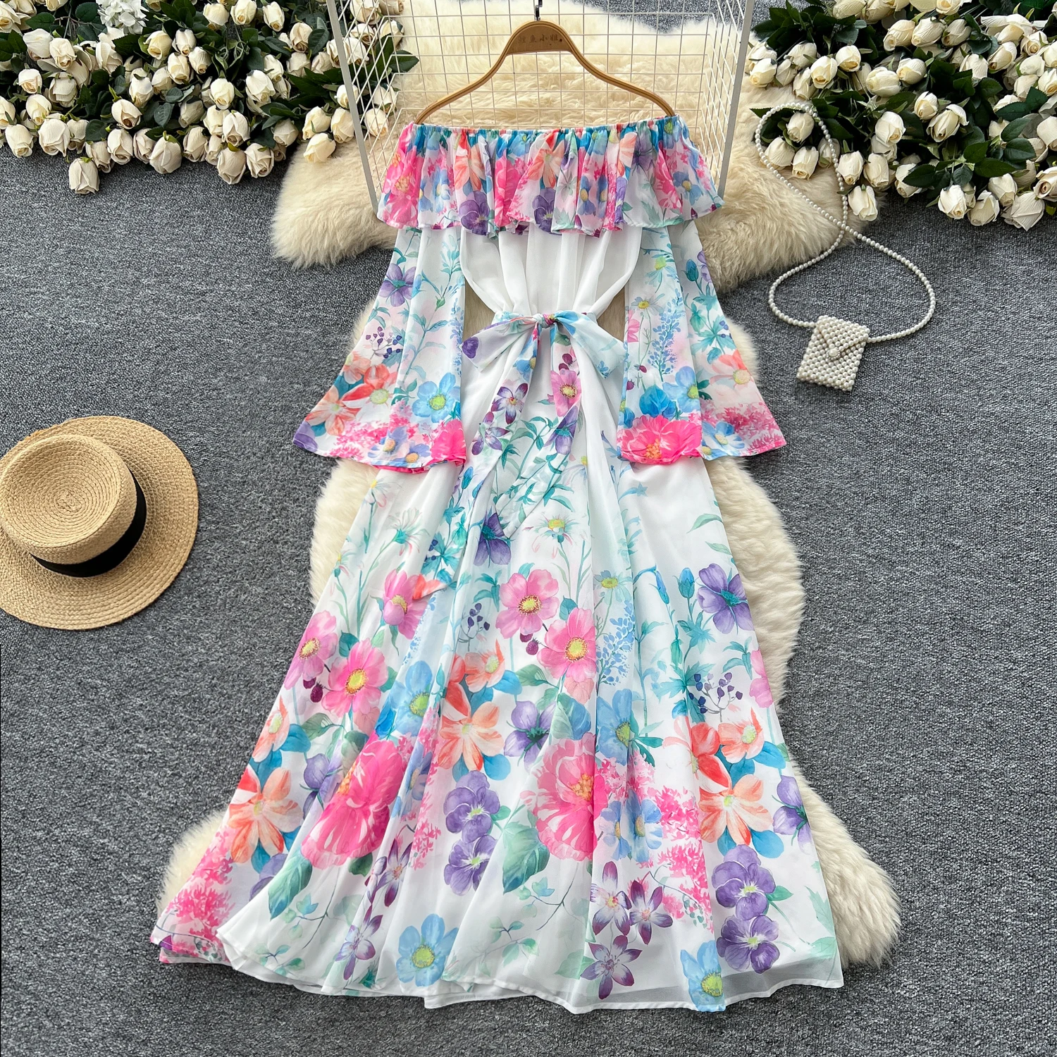 Elegantes, gespleißtes, langärmliges, gerüschtes Vintage-Chic-Ballkleid mit schmalem Ballkleid, französische High-Street-Abendkleidung