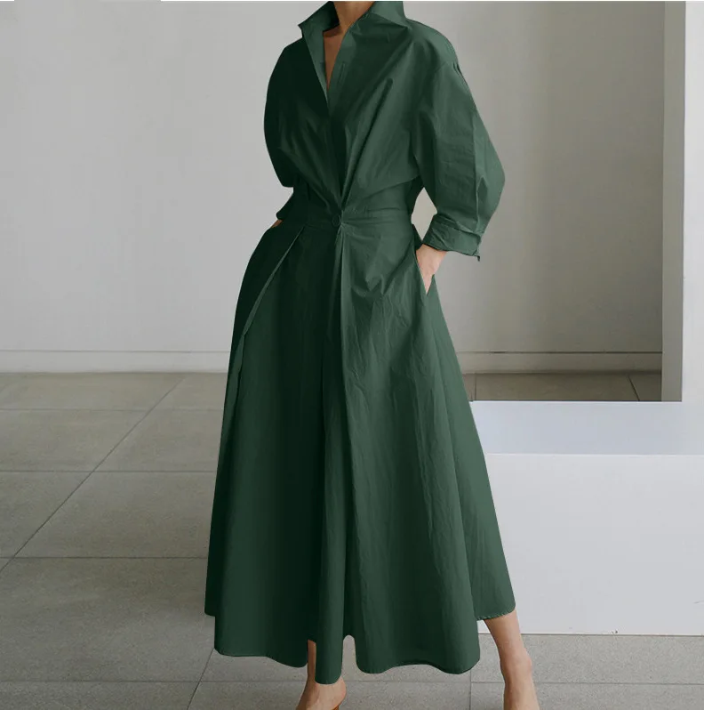 Women Loose Cotton Linen Elastic High Waist Shirt Dress Turndown Neck Ruched Maxi Cardigan Dresses For Women Streetwear