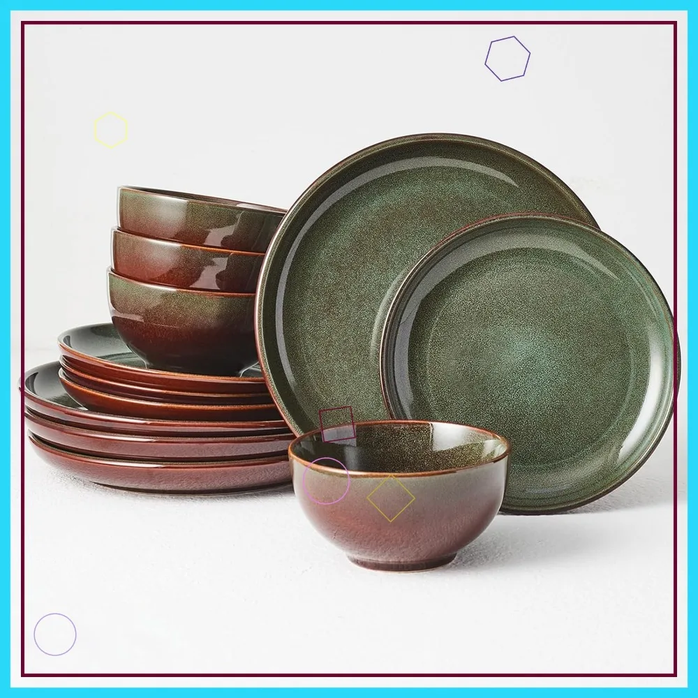 

Набор посуды из керамики для 4 персон, 12 предметов: тарелки и миски ручной работы, устойчивые к сколам, современный дизайн в коричнево-зеленых тонах