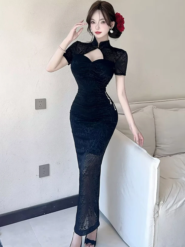 Frauen Solide Jacquard Aushöhlen Stehkragen Langes Kleid 2025, Koreanische Luxus Party Abendkleid Sommer Elegante Bodycon Prom Kleid