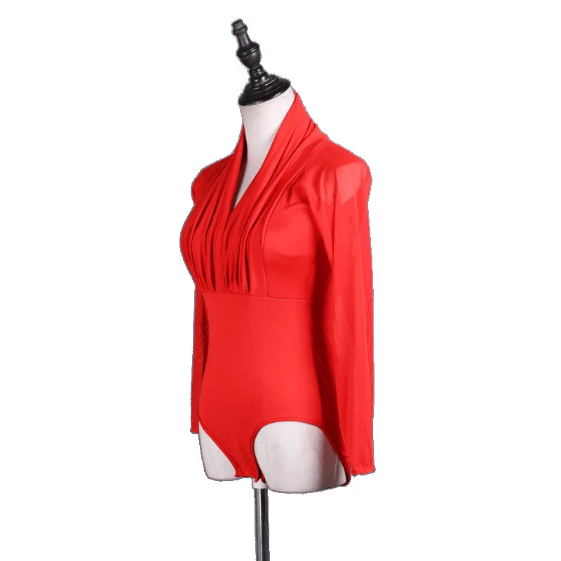 زي الرقص اللاتيني الجديد للبالغين - بذلة نسائية برقبة على شكل حرف V وأكمام شبكية، وصدر مكشكش، وملابس أداء