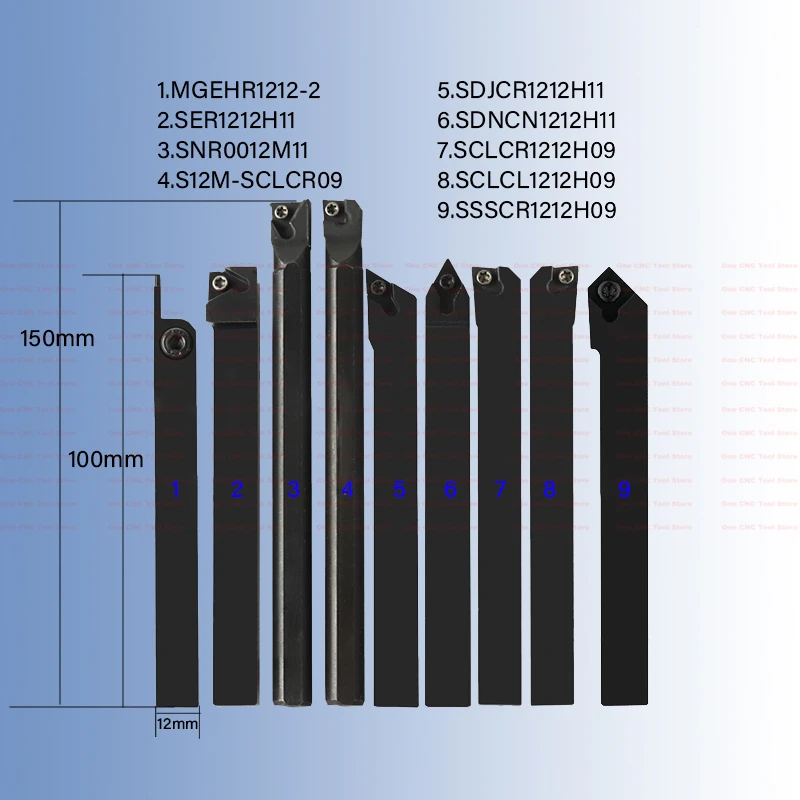 

Набор держателей для токарного инструмента, комплект из 9 резцов 12 мм, для токарного станка с ЧПУ, хвостовик резца, Расточная штанга MGEHR1212, ser12h11, SNR, SCLCR, SDJCR, SDNCN, SSSCR