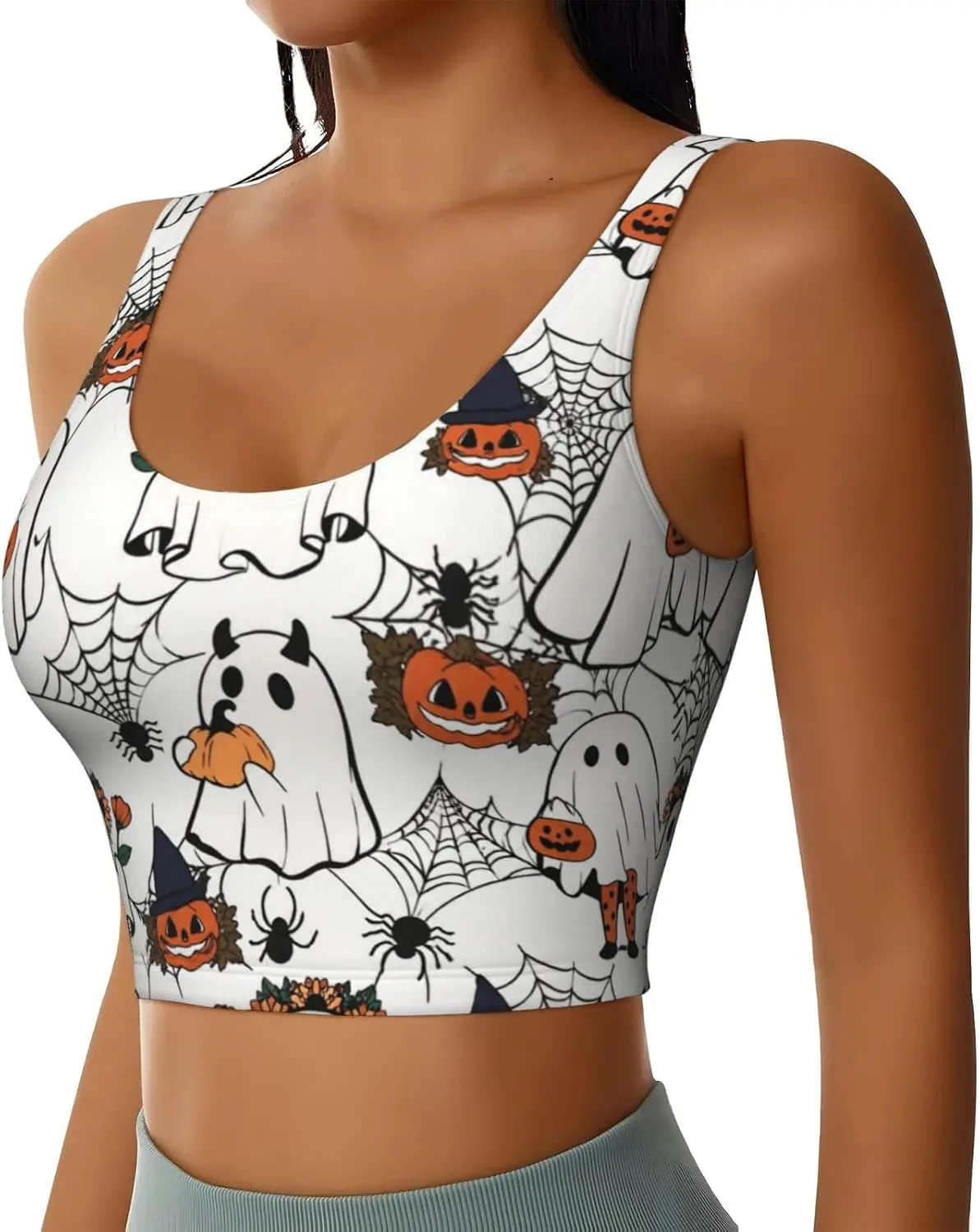 Halloween Cat Ghost Pink Women'S Sports Bra, Racerback Workout Bra With Removable Pads, Soft Stretch Yoga Bra