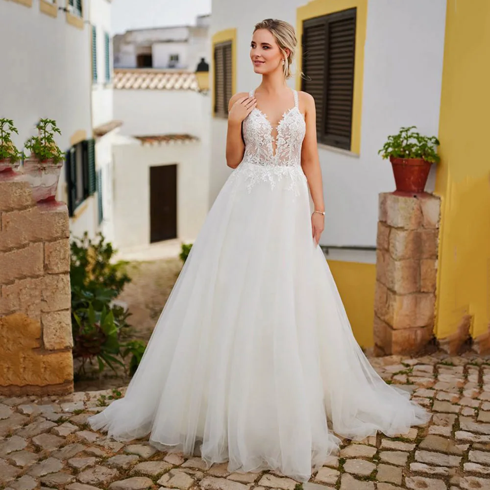 Boho Lace A Line Wedding Dresses 2026 Deep V Neck Tulle Bridal Gown Backless Criss Cross Straps Brides Wedding Dress Customized