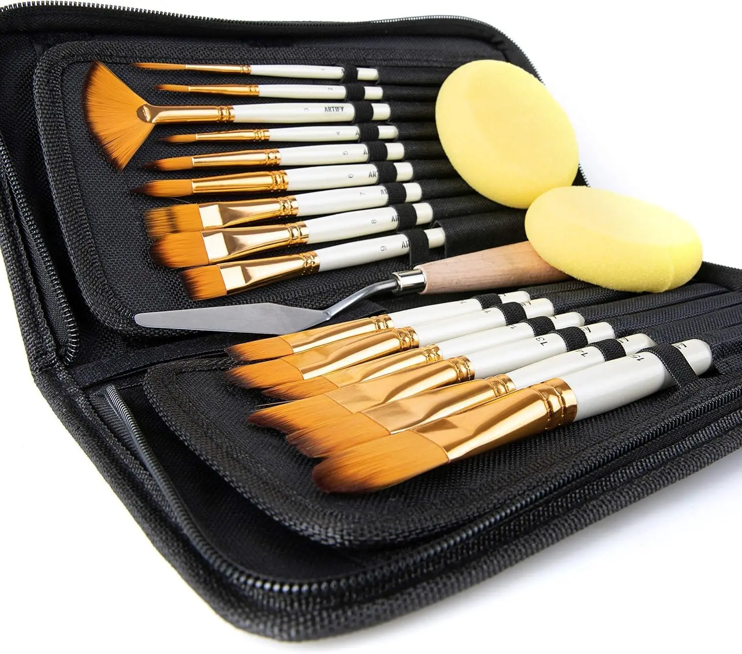 15 Professional Paint Brushes Set with Palette Knife & Sponges - for Acrylic, Watercolor, Gouache, Canvas & Face Painting, Ivory White