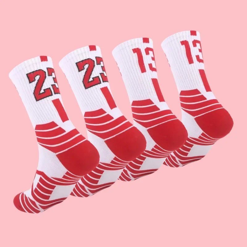 

4 pairs of mid-tube basketball socks adult thick-soled sports socks non-slip basketball player number sports crew towel socks
