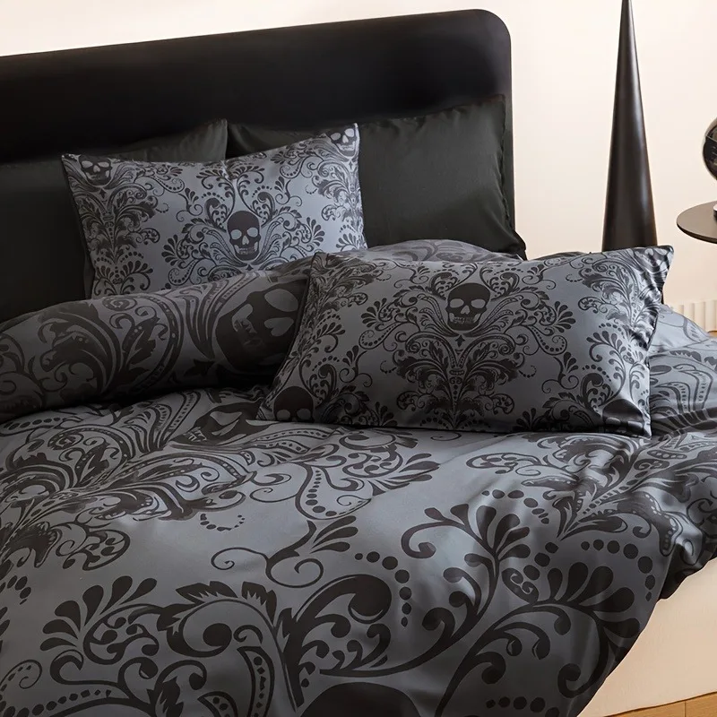 Skull Damask Duvet Cover Set Gothic Black Grey Bedding Set Soft Polyester Bedroom Decor 2/3pcs Single Twin Full King Size