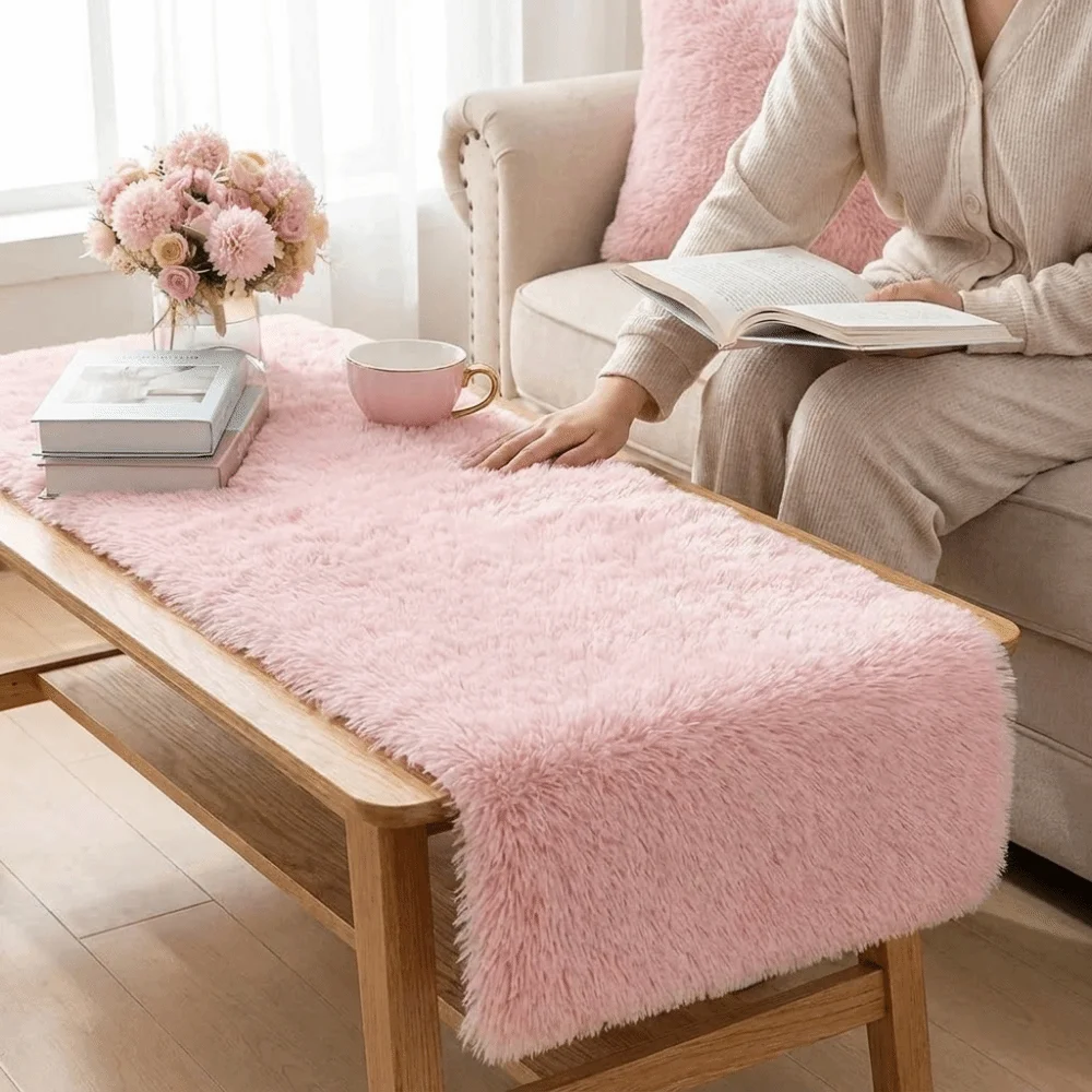 Soft Gradient Plush Table Cushion Fluffy Shaggy Fluffy Plush Desk Mat Anti-slip Decorative Plush Tablecloth Runner Home Decor