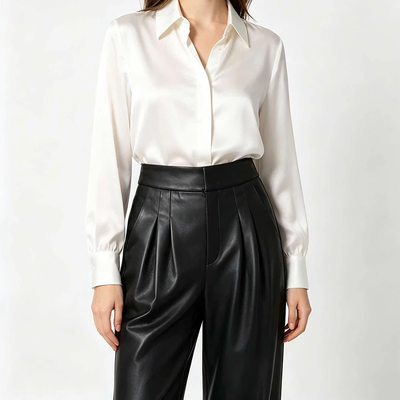 Genuine Leather Wide Leg Pants Autumn Women High Waist Front Pleated With Side Pockets Sheepskin Straight Long Trousers Office