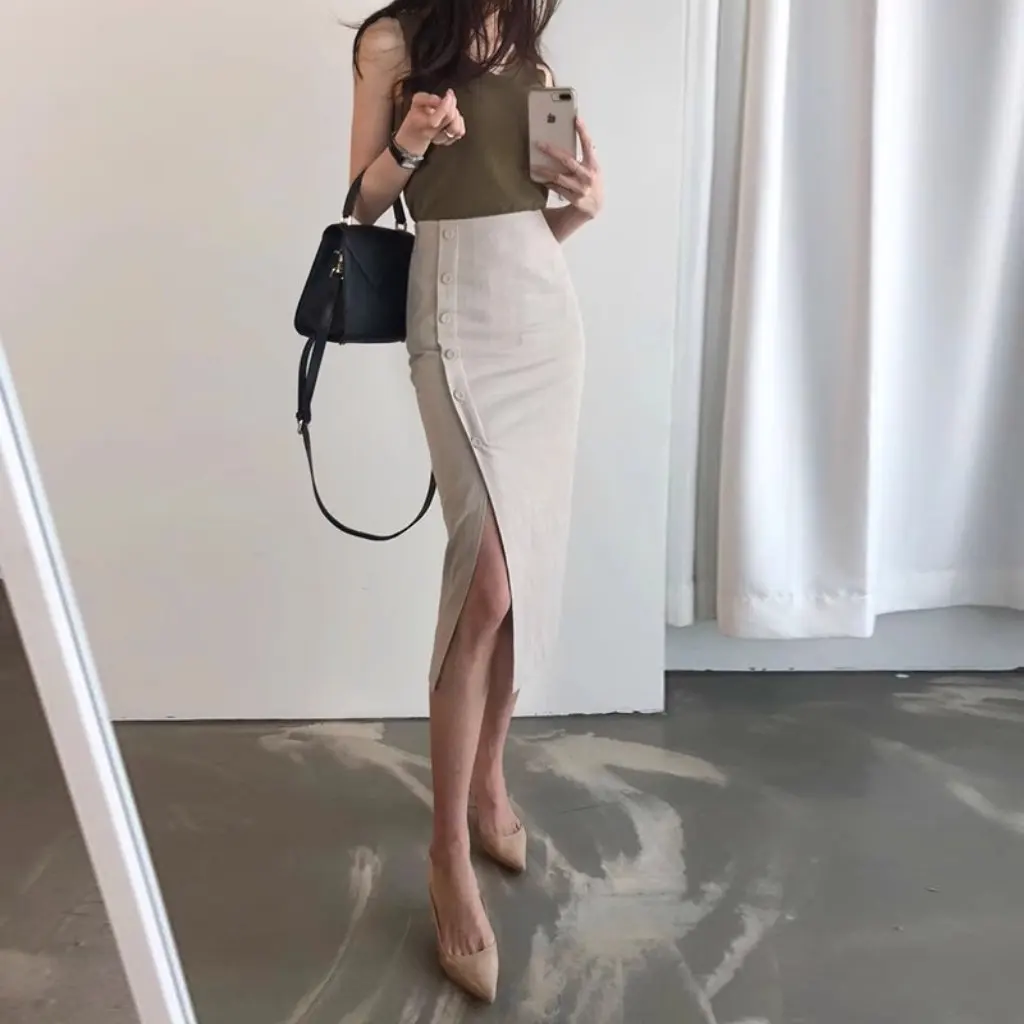 

Women's High-Waisted Cotton Linen Slit Skirt Elegant Mid-Length Draped One-Step Hip Skirt New Fashion