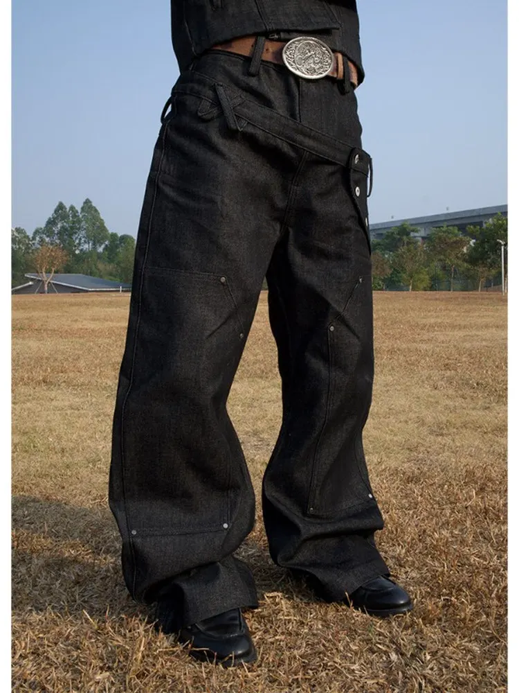 American Retro Double Waist Sword Dance Pants Original Jeans Loose Wide Leg Street Style Men's Fashionable Jeans