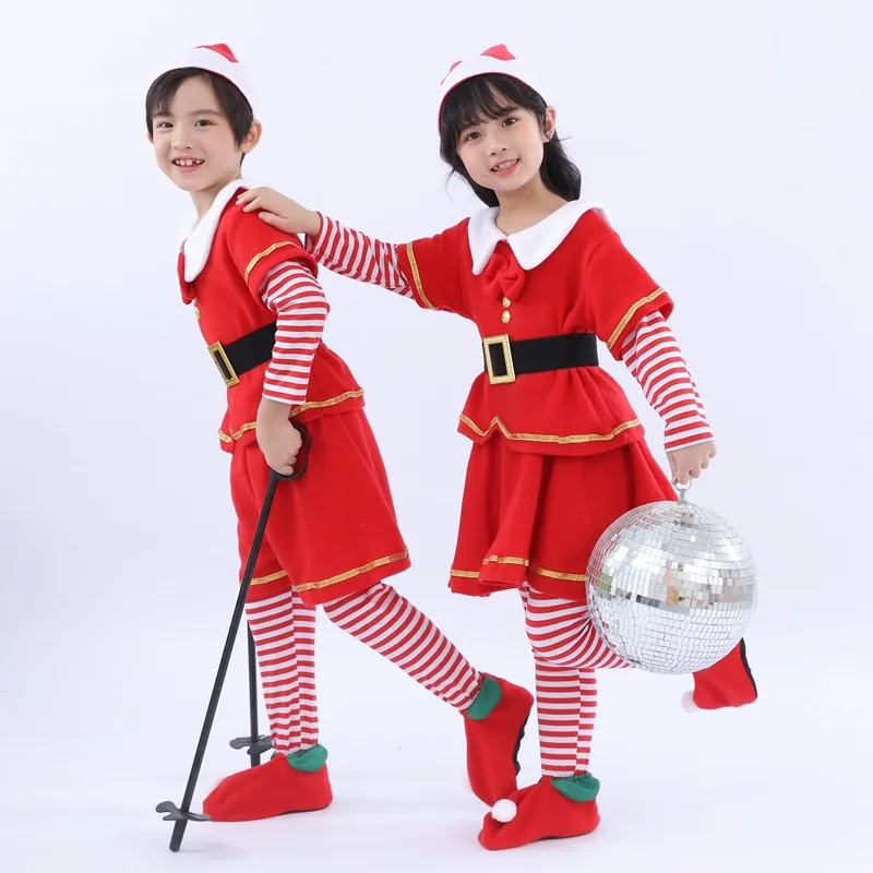 Boy Girl Christmas Santa Claus Costume Suit Xmas Party capodanno Fancy Dress Clothes Set abbigliamento Cosplay elfo rosso per bambini