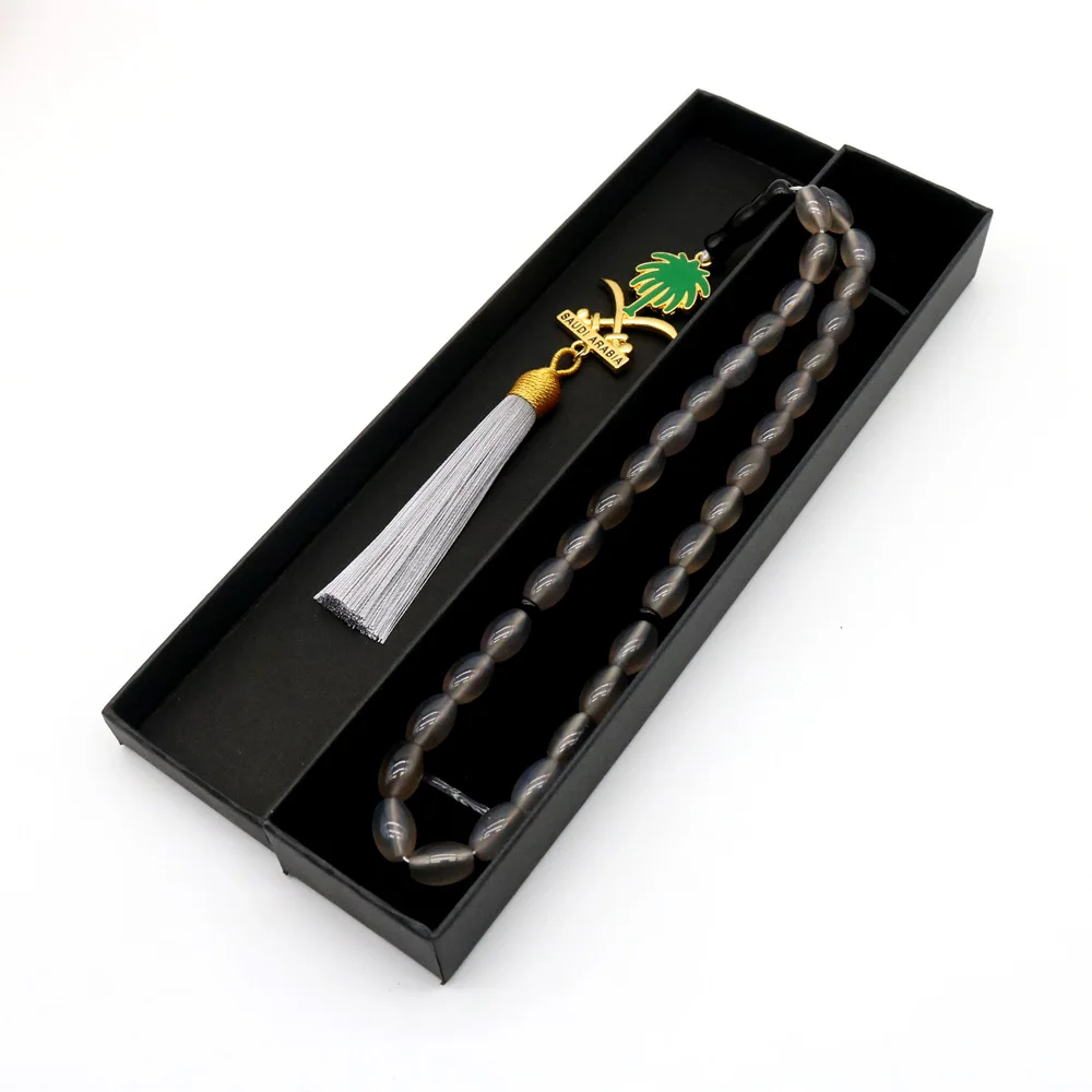 Natural agate 33Tsabih and gift box Oval-shaped 8* 12mm Misbaha man prayer bead rose Islamic Ramadan subha Father Gift