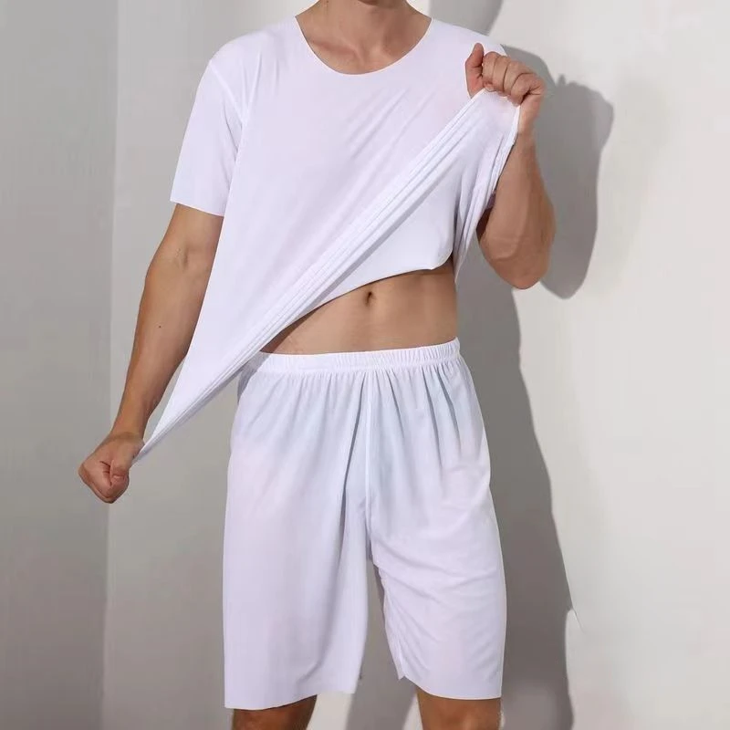 Ice Silk Pajama Men Clothing Two Pieces Pajama Sets Short Sleeve Tops Shorts Summer Homewear Large Size Lightweight Lounge Suit