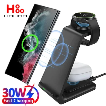 30W LED hızlı kablosuz şarj standı 3 in 1 için iPhone 15 14 13 12 11 Pro max Apple izle 9 8 7 Airpods Pro için Samsung Galaxy S24 23 22 21 Ultra Galaxy Buds Live 2 Pro şarj istasyonu