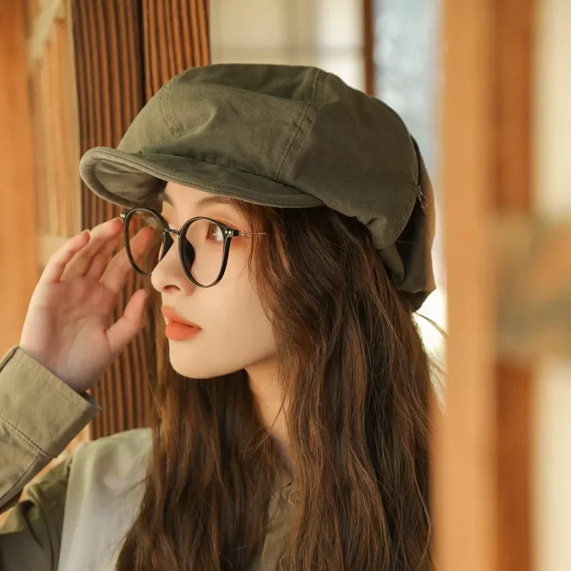 Japanese Simple Washed Cotton Solid Color Beret Women Spring and Summer Retro Literary Painter Newsboy Cloud Cap Gorras