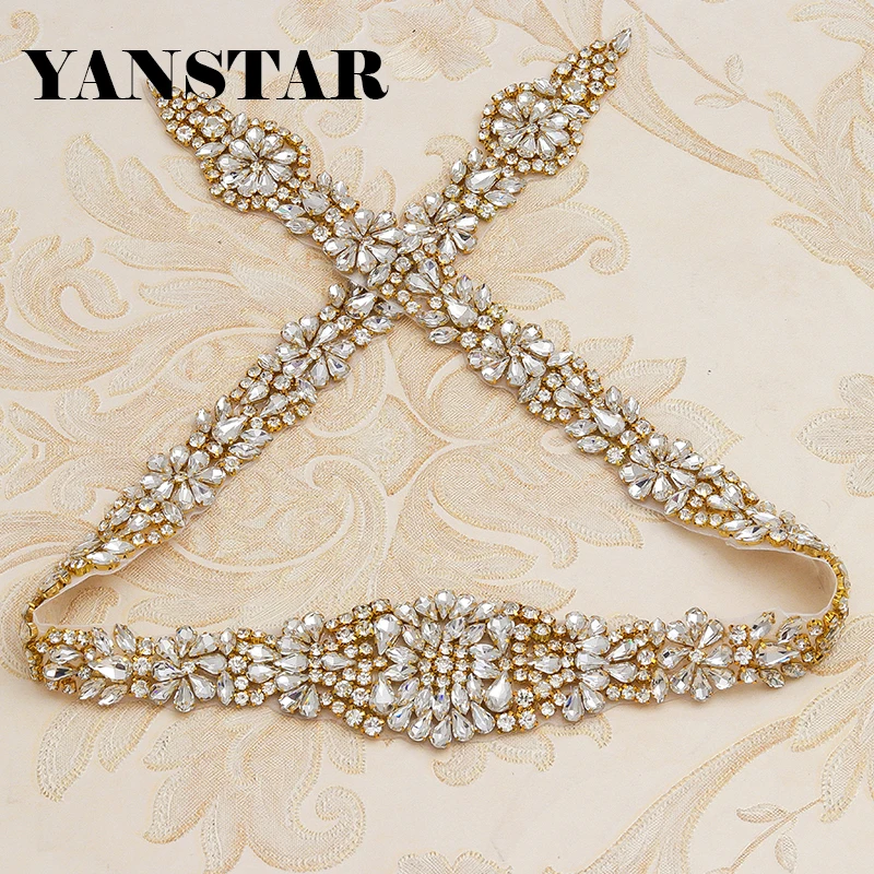 

YANSTAR (5pcs) All The Way Beaded Rhinestones Appliques Hand Clear Rose Gold Crystal Sewing On For Bridal Gown Sash YS854