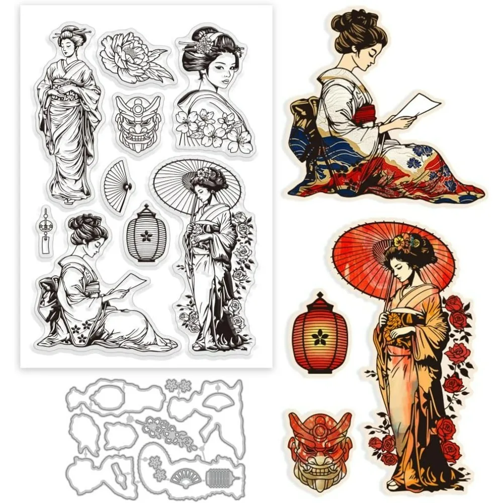

Japan Oriental Geisha Clear Stamp and Cutting Dies Set for Card Making Flowers Peony Clear Stamp Metal Lantern