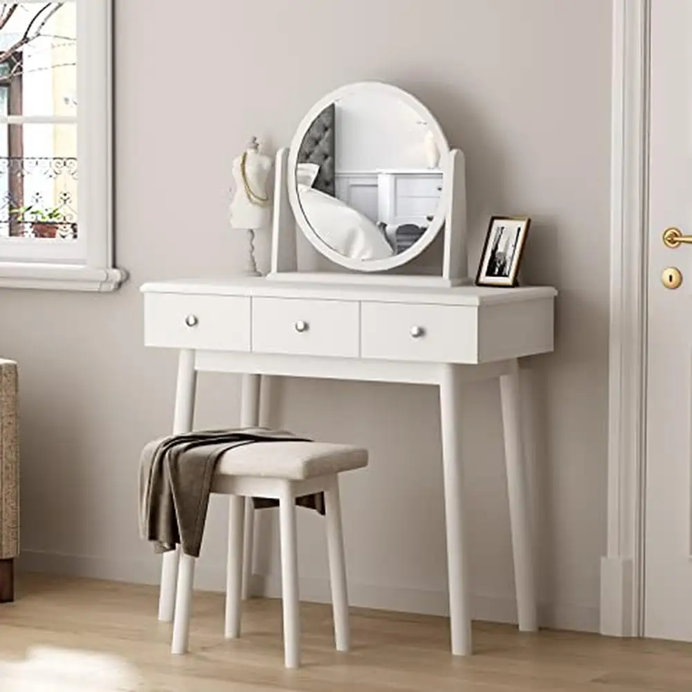 Modern White Vanity Table Makeup Desk Set with Movable Mirror Padded Stool and 3-Drawer Storage Classic Design Organizing