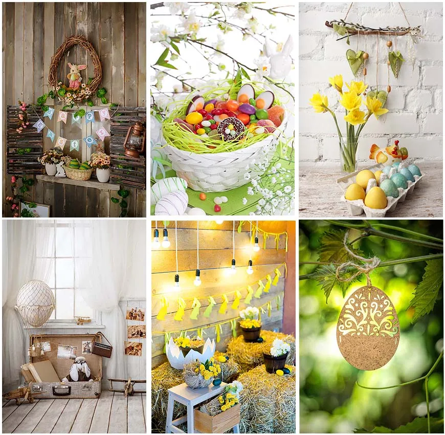 Easter Eggs Flowers Basket Spring Haystack Natural Brick Wall Bunny Backdrops Holiday Interior Decor Photographic Backgrounds