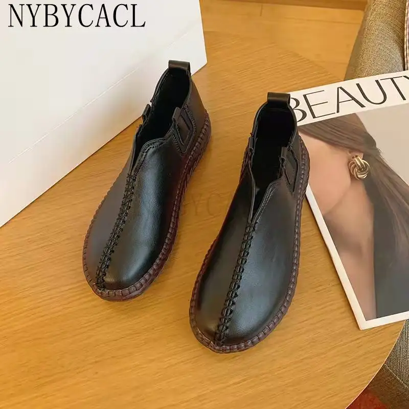 Spring and Fall Genuine Leather Ankle Boots Handmade Lady Soft Flat Shoes Comfortable Casual Moccasins Fashion Vulcanized Shoe