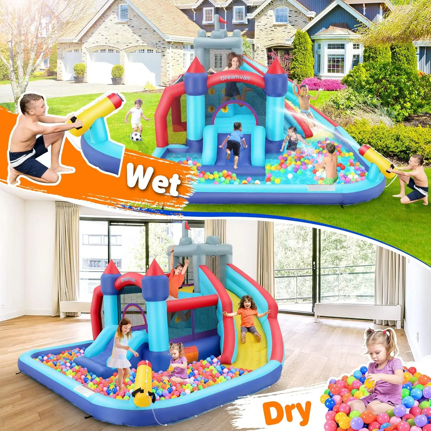 Grote Opblaasbare Waterglijbaan Voor Kinderen, 13x12ft 10-In-1 Waterglijbaan Bounce Huis Met Zwembad/Klimmuur/Springgebied/2 Glijbanen, G
