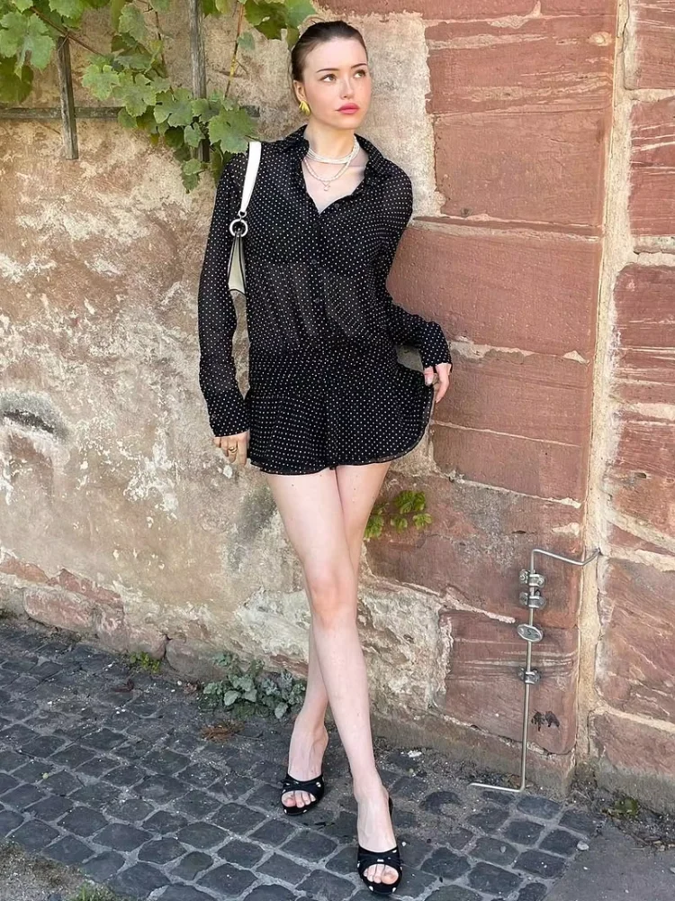 

Элегантное мини-платье с рюшами в горошек, женское шикарное однобортное облегающее платье с длинным рукавом и v-образным вырезом, 2026, женские повседневные платья для поездок на работу