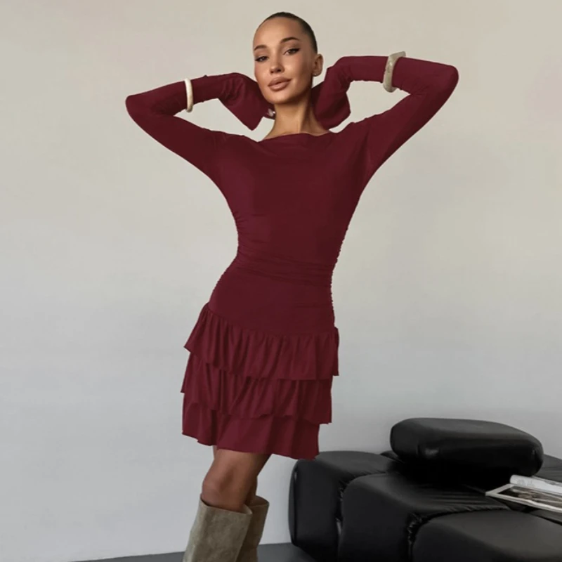 Tsiisd elegância em camadas bolo mini vestido feminino moda viajando cintura alta sólida retalhos magro bodycon vestido novo 2026