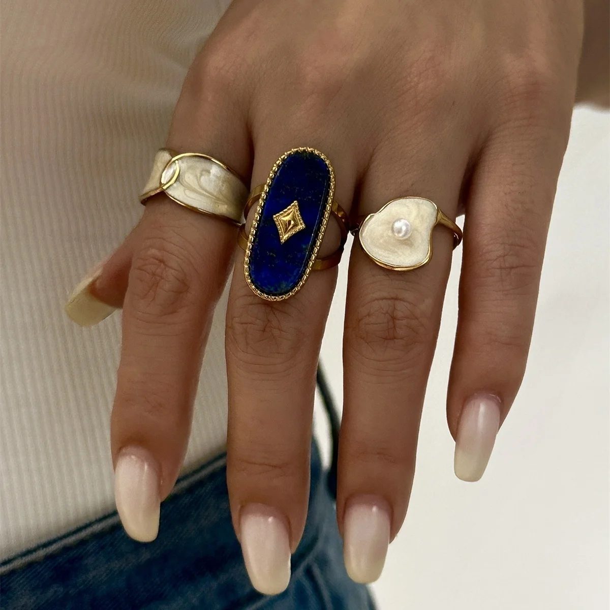 Edelstahl-Rechteck-Naturstein-Emaille-Fingerringe für Damen und Herren, königlicher Vintage-geometrischer Imitationsperlenring, Schmuck – Detail 8