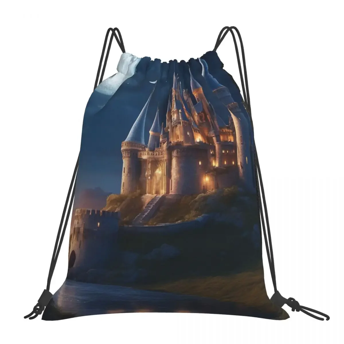 Beautiful Castle Illustration In A Moonlight Backpacks Drawstring Bags Drawstring Bundle Pocket Sports Bag BookBag