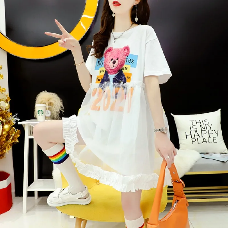 

Summer short sleeved medium length T-shirt with women's design, mesh patchwork, teddy bear print, oversized and loose fit